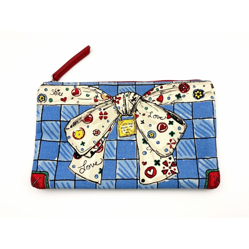 Brighton Blue Gingham Bow Canvas Pouch Heart Love Zipper Cosmetic Makeup Bag New